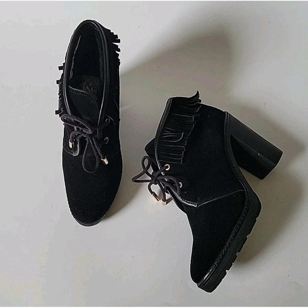 Tory Burch Hillary Fringed Suede Shearling Lace‎ Up Heeled Ankle Boots 8M Boho